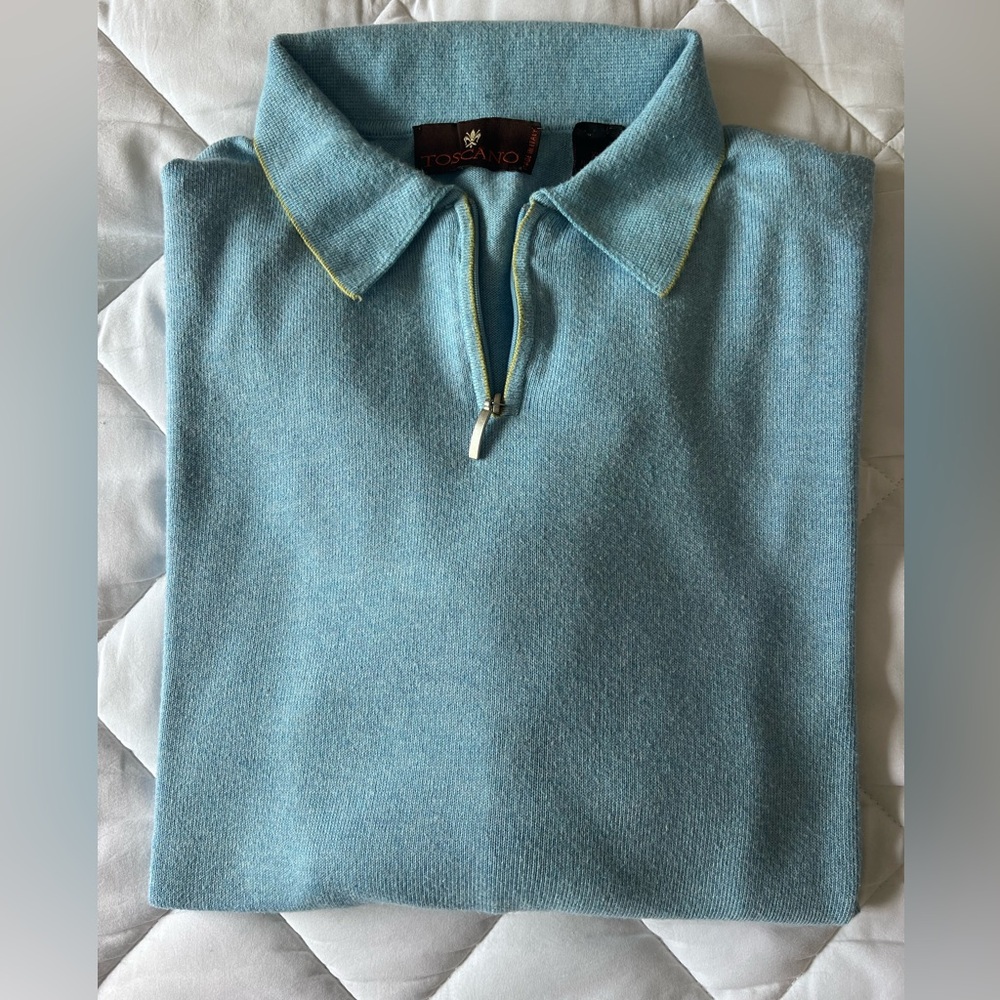 Toscana Men’s quarter zip.  XXL.  Baby blue w/ slight yellow trim on collar.